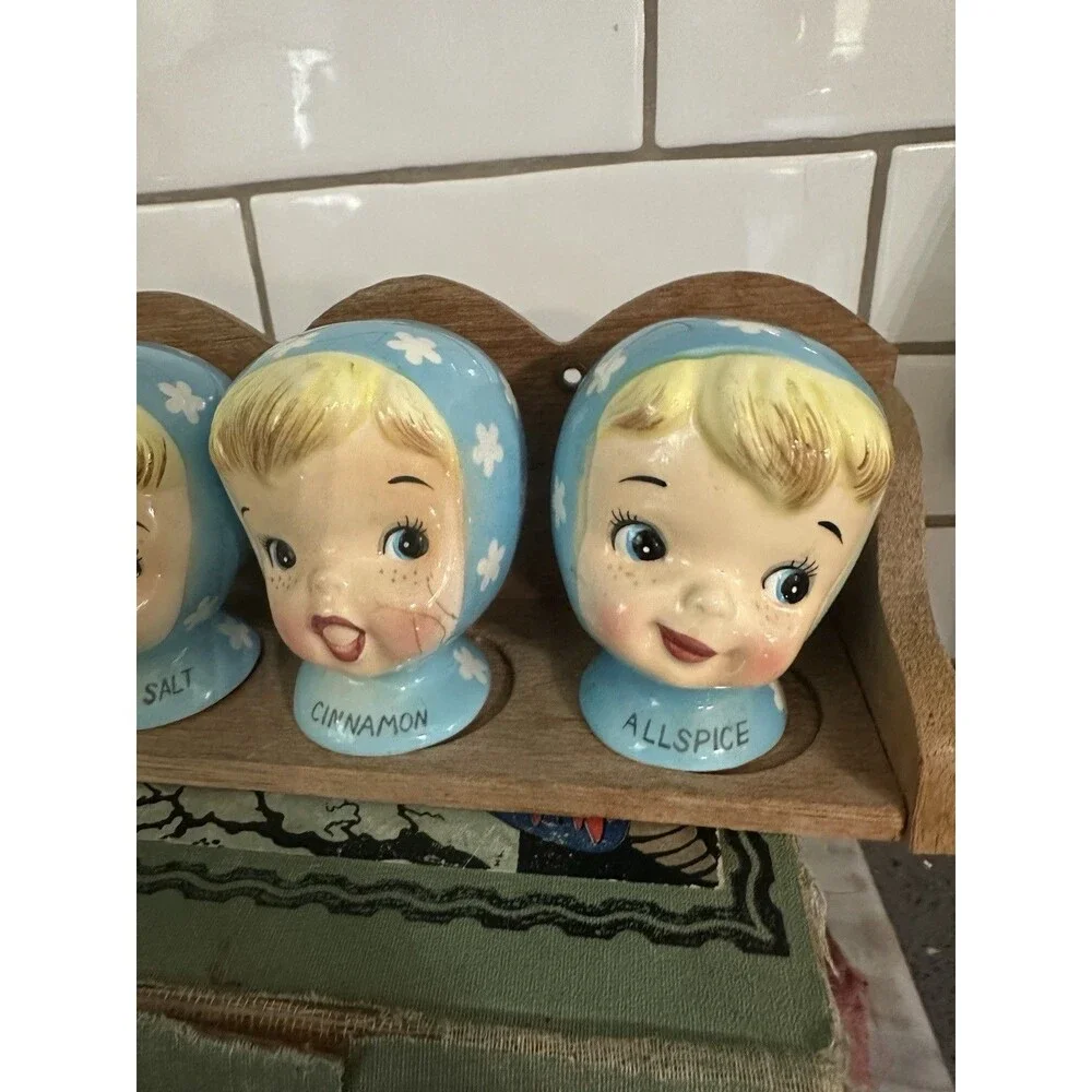 Vtg Napco Miss Cutie Pie Blue Spice Shaker Set Paprika Allspice Cinnamon Garlic